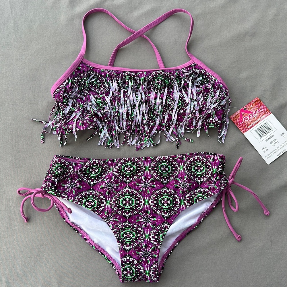 Kanu Surf, girls size 12, Purple multicolor, Hannah, fringe bikini swimsuit.